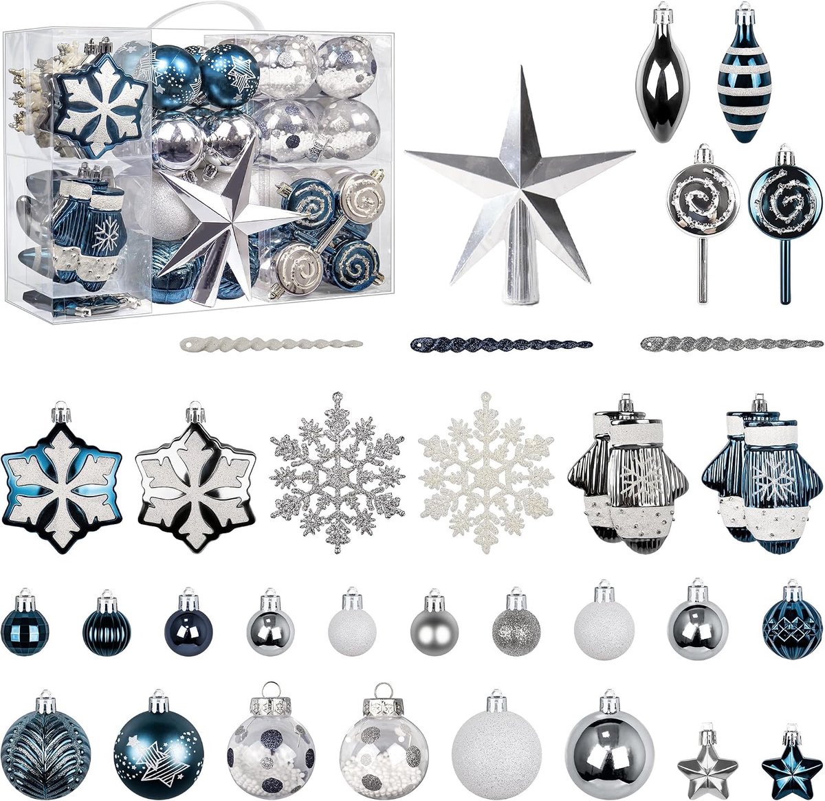 Kerstballen, 118 stuks, witte en blauwe kerstballen, kerstboomversiering, geschikt voor het vieren van Kerstmis met familie en vrienden