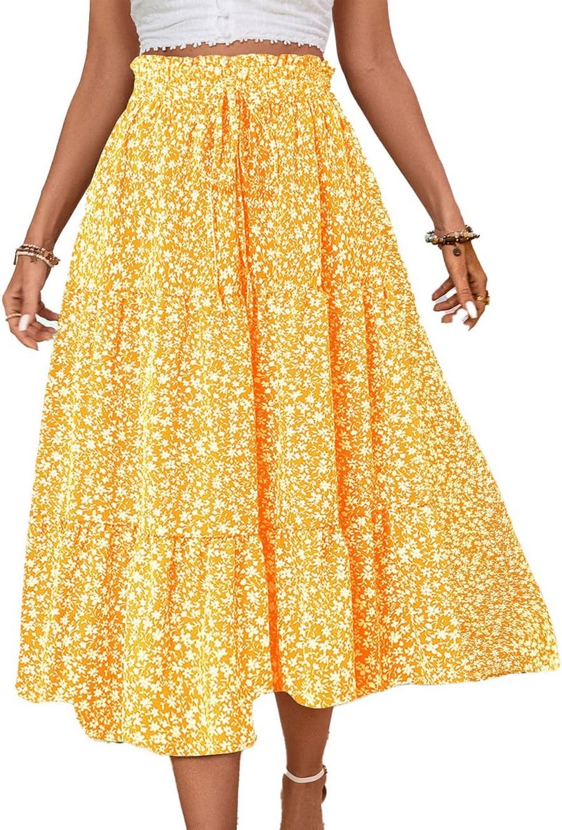 Maxirok voor dames, zomer, boho, maxi rok, hoge elastische taille, losse zoom met ruches, A-lijn, bohemien, strand, decoratief koord, lange rok, lange swing, plissé, geel/blauw/zwart, S-XL