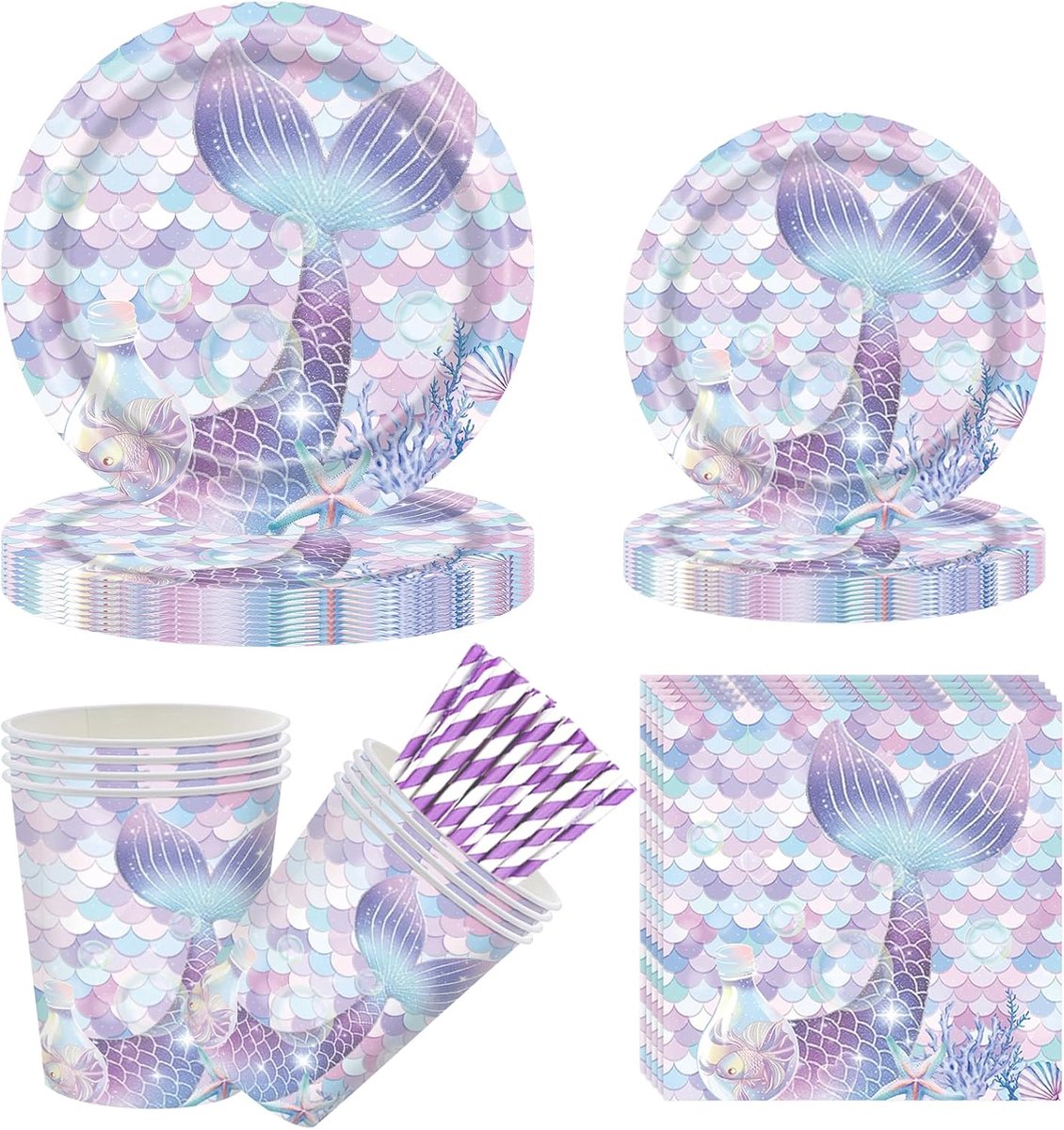 84 stuks paarse zeemeermin feestservies set voor meisjes, verjaardagstafeldecoraties met zeemeerminthema met borden, kopjes, servetten, papieren rietje, serviesset voor