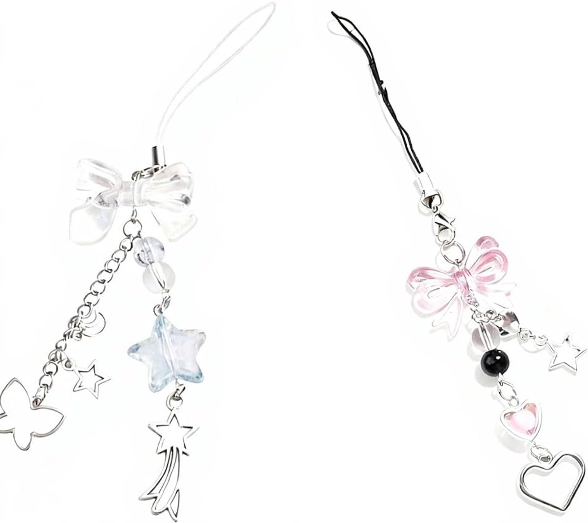 2 Schattige Mobiele Telefoon Charms - Zwarte Strik en Stervormige Franje - Duurzaam en Multifunctioneel - Perfect voor Telefoon, Rugzak, Sleutelhanger en Meer