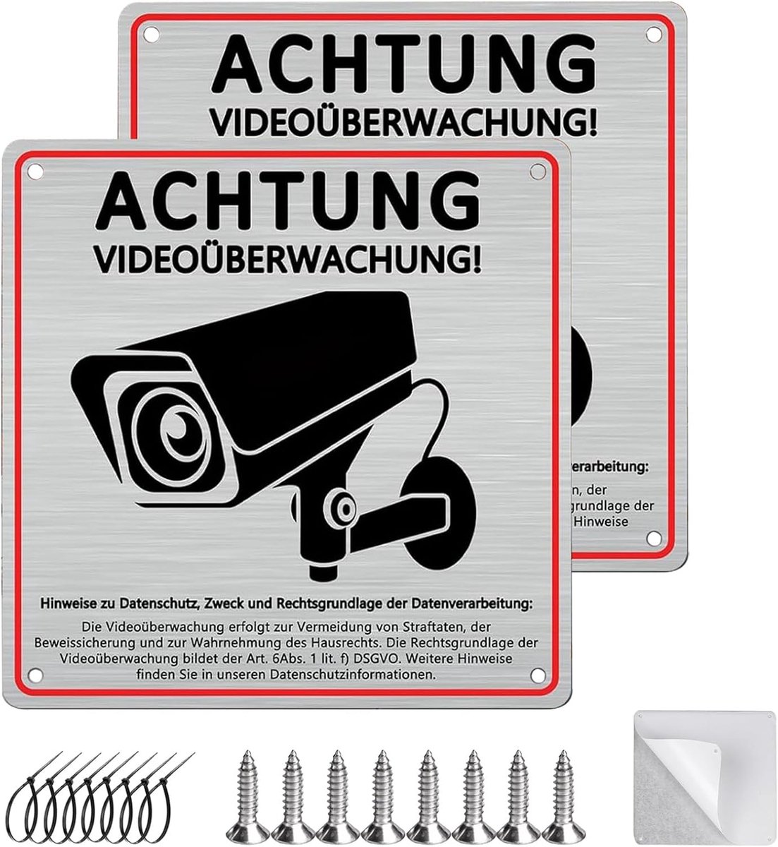 2 stuks borden videobewaking - 15 x 15 cm aluminium bord videobewaking privéterrein, zelfklevende achterkant, 4 voorgeboorde gaten, 4 kabelbinders inbegrepen