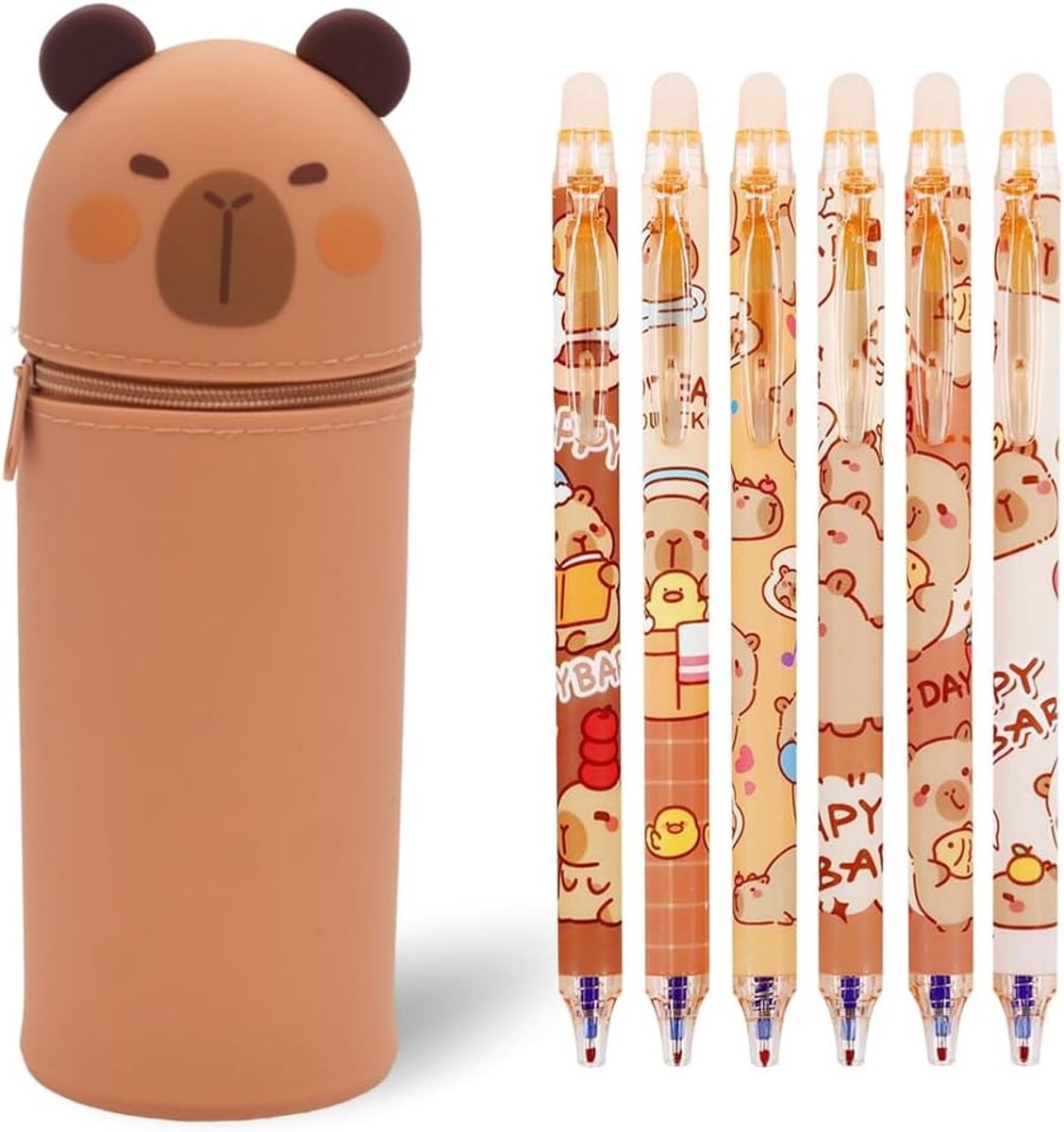 Pennenetui voor school, 2-in-1, van zachte siliconen + 6 uitwisbare pennen, pennenhouder voor op tafel, ritssluiting, etui voor dieren, Bruin, Kapibara