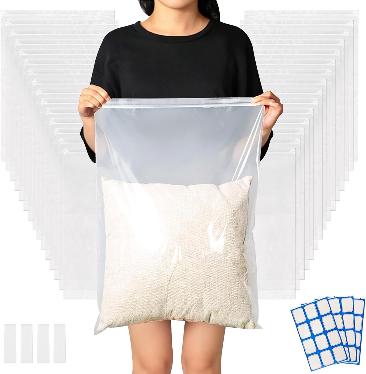40 stuks zakken met ritssluiting, groot, met 4 sluitclips en etiketten, 40 x 60 cm, transparante plastic zakken, opbergzakken, waterdichte ritszakken voor dekbedden, dekens, kleding
