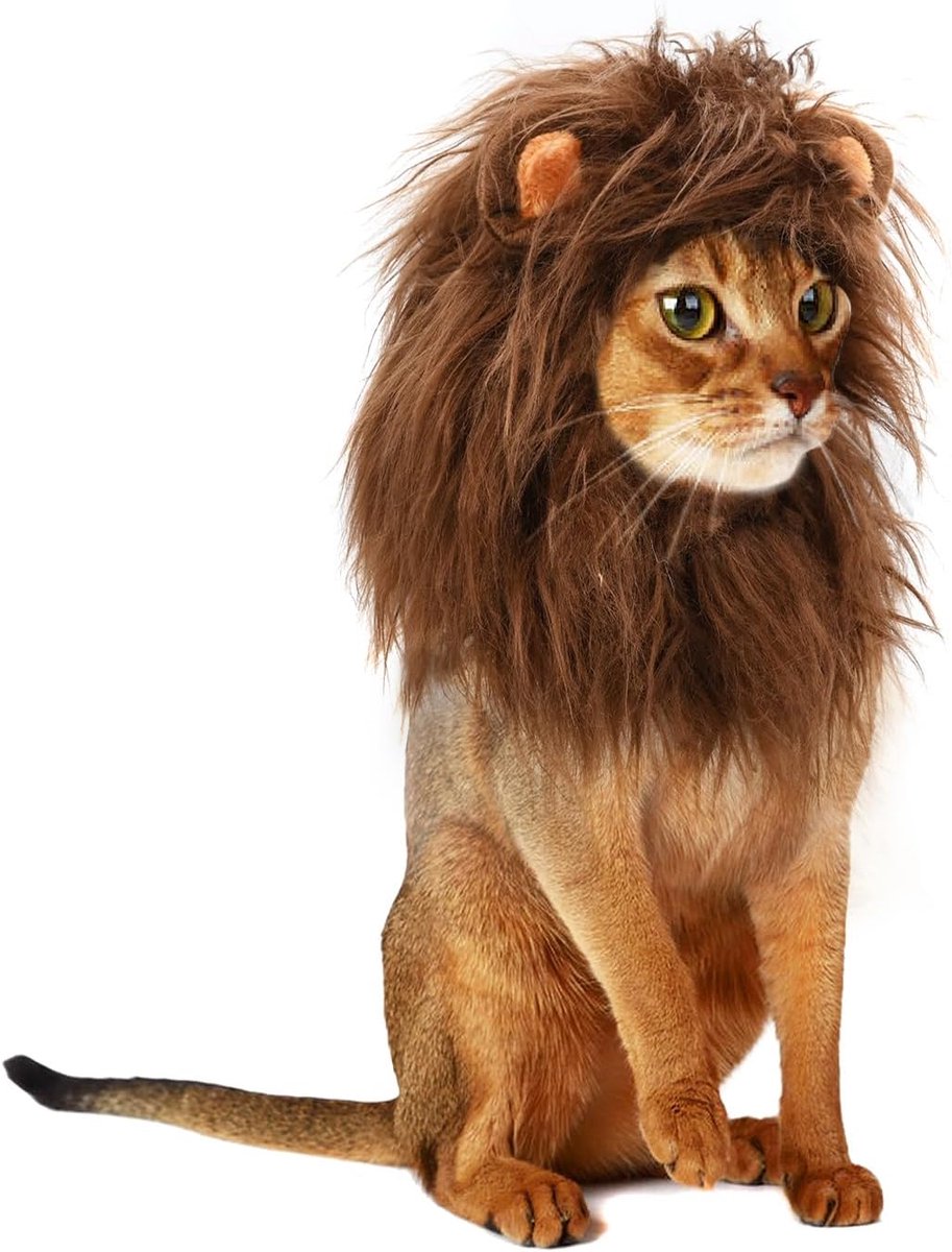 Leeuwenmanenpruik voor katten en honden, grappige huisdierkostuums voor Halloween, Kerstmis, harige huisdierkledingaccessoires (S, koffie)