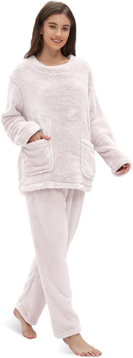Koraalfleece Pyjamaset Voor Dames - Nachtkleding, Huiskleding, Bovendeel Met Lange Mouwen en Warme Broek, Pyjama Met Zakken, Maat S-2XL