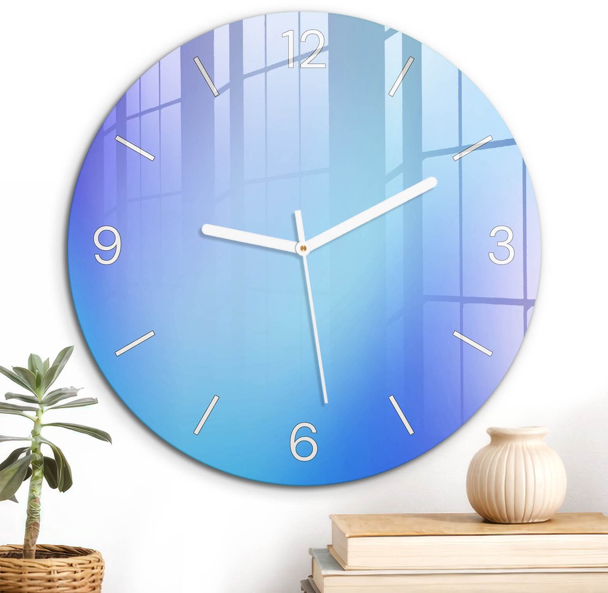 ArtPrintCave Blauw Glazen Klok - Wandklok 30 cm - Muurklok Rond - Kleurrijke Vrede Stille Wandklok - Achtergronden En Patronen Wandklok Keuken - Witte Klokwijzers