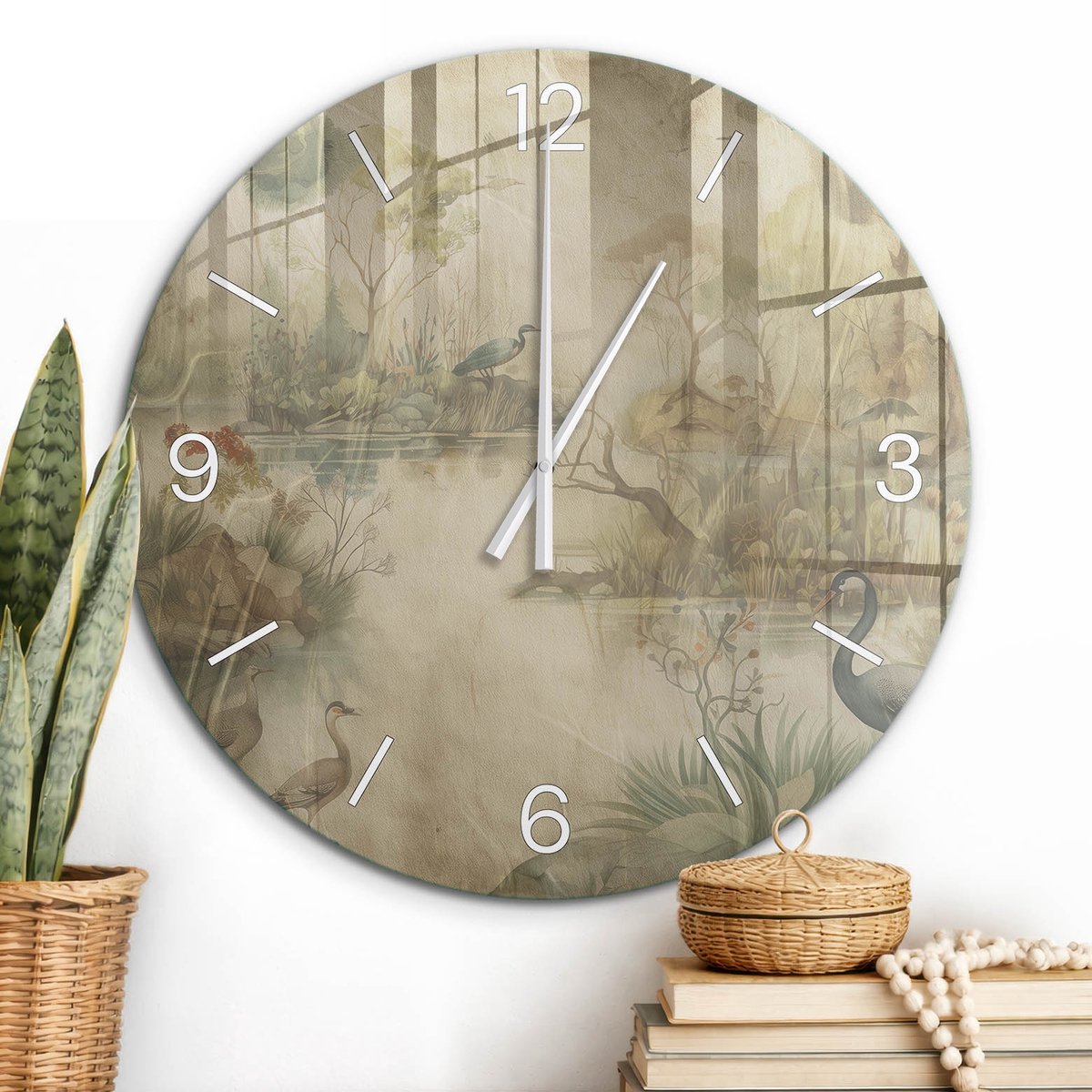 ArtPrintCave Beige Glazen Klok - Wandklok 60 cm - Muurklok Rond - Vreedzaam Landschap Wandklok Keuken - Kunst Unieke Klok - Witte Klokwijzers