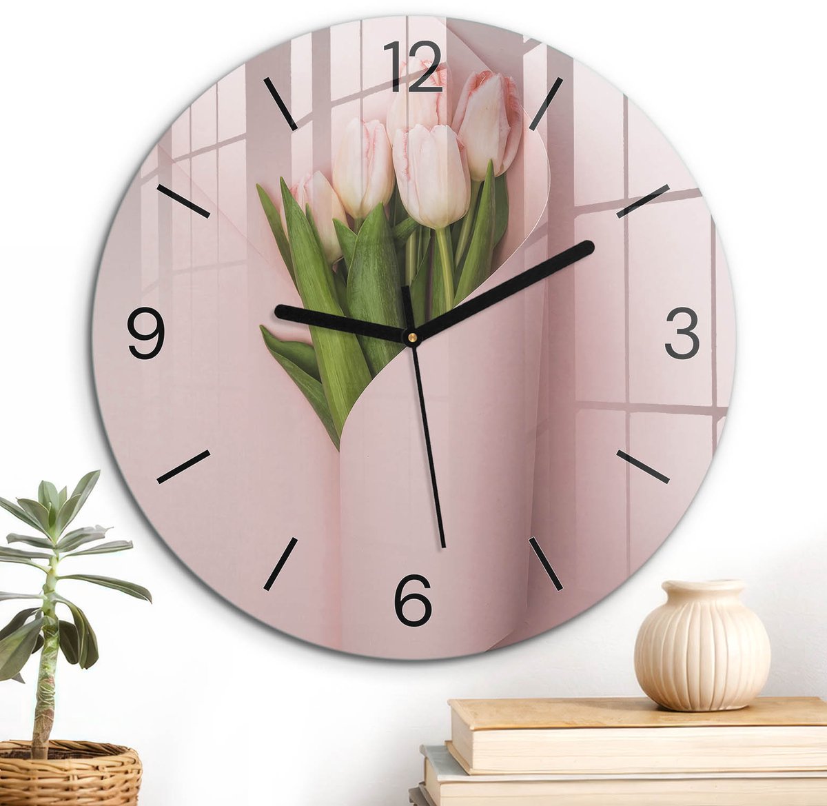 ArtPrintCave Roze Glazen Klok - Wandklok 30 cm - Muurklok Rond - Tulpen Elegantie Wandklok Keuken - Achtergronden En Patronen Unieke Klok - Zwarte Klokwijzers