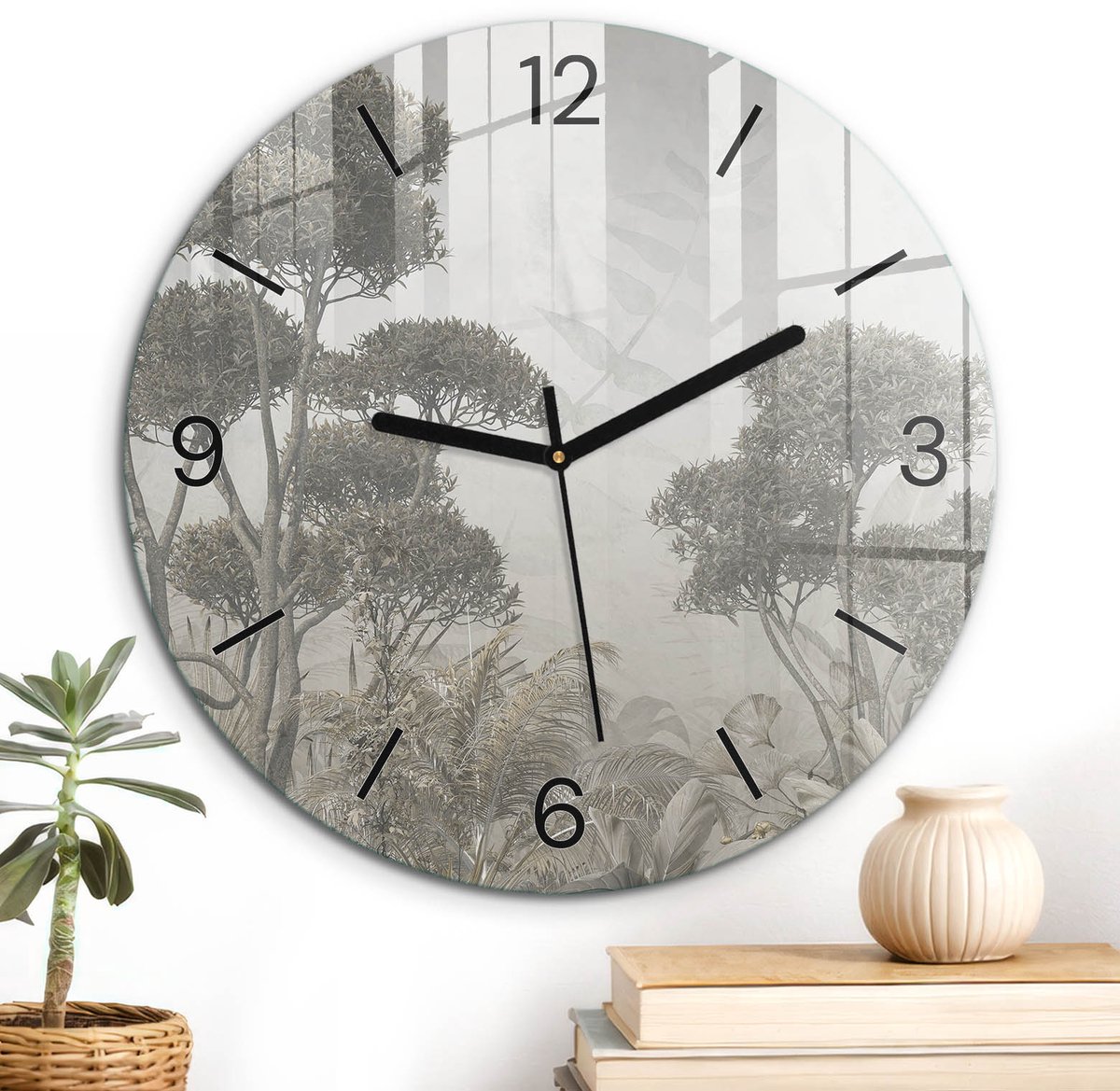 ArtPrintCave Beige Glazen Klok - Wandklok 30 cm - Muurklok Rond - Tropische Jungle Wandklok Keuken - Natuur Unieke Klok - Zwarte Klokwijzers