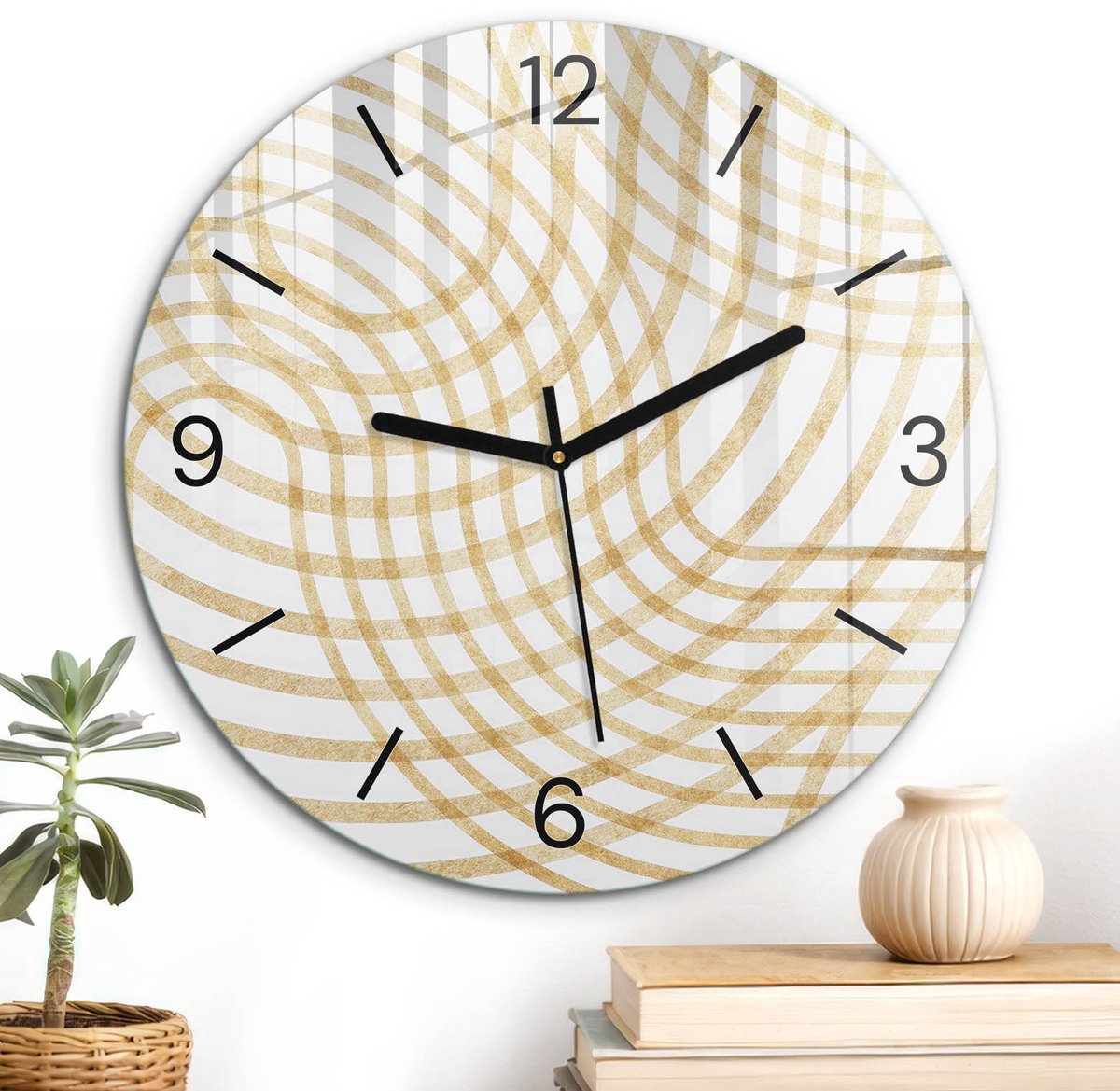 ArtPrintCave Wit Glazen Klok - Wandklok 30 cm - Muurklok Rond - Geometrische Lijnen Wandklok Keuken - Abstractie Unieke Klok - Zwarte Klokwijzers