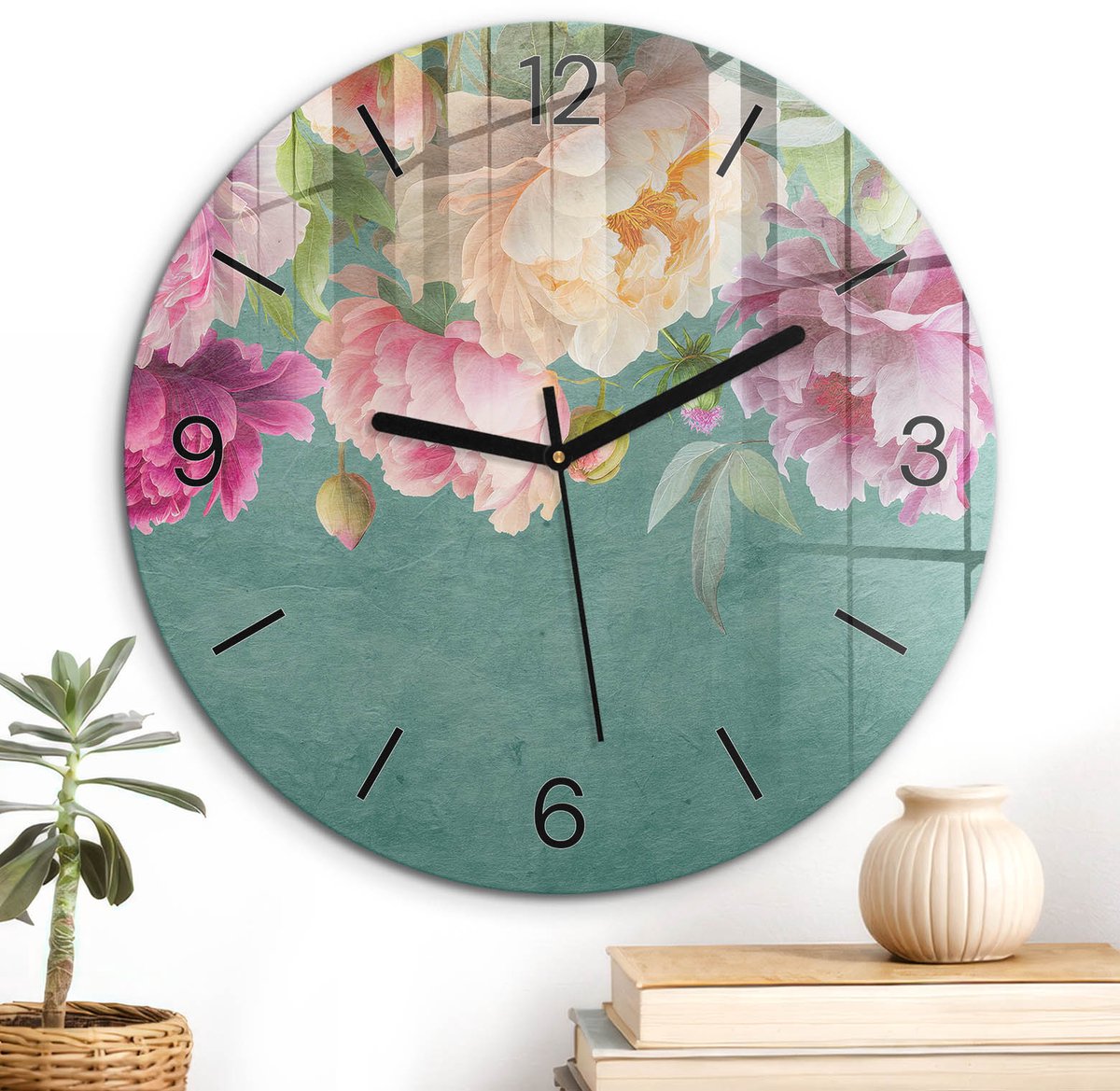 ArtPrintCave Roze Glazen Klok - Wandklok 30 cm - Muurklok Rond - Bloemenpatroon Unieke Klok - Natuur Stille Wandklok - Zwarte Klokwijzers