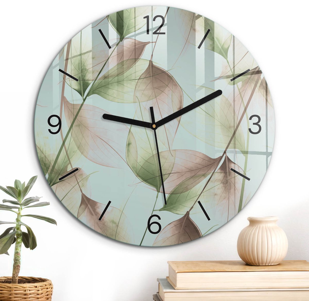 ArtPrintCave Beige Glazen Klok - Wandklok 30 cm - Muurklok Rond - Plantmotief Unieke Klok - Achtergronden En Patronen Stille Wandklok - Zwarte Klokwijzers
