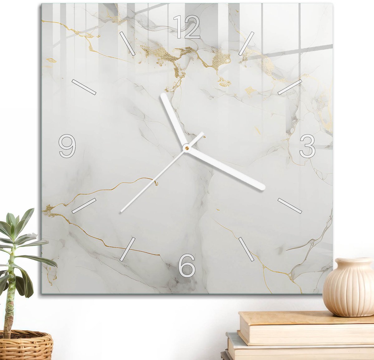 ArtPrintCave Wit Glazen Klok - 30x30 cm - Wandklok Vierkant - Marmeren Elegantie Unieke Klok - Achtergronden En Patronen Stille Wandklok - Witte Klokwijzers