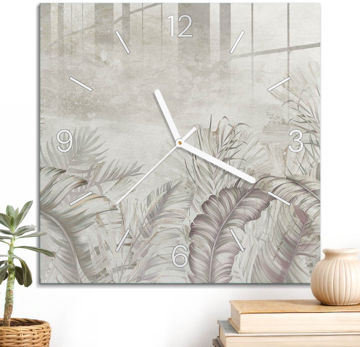 ArtPrintCave Beige Glazen Klok - 30x30 cm - Wandklok Vierkant - Delicate Natuur Wandklok Keuken - Bloemen En Planten Unieke Klok - Witte Klokwijzers