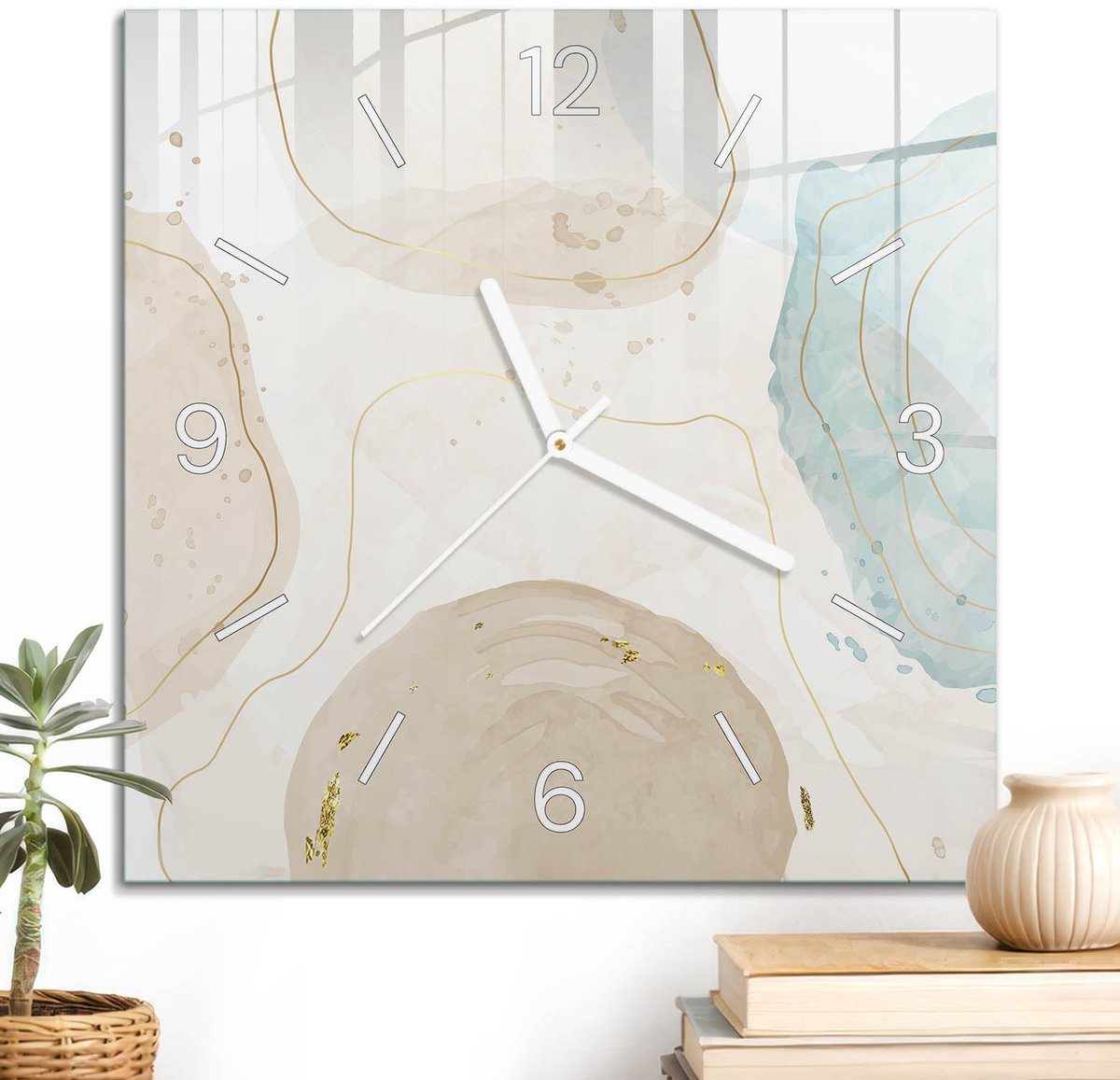 ArtPrintCave Beige Glazen Klok - 30x30 cm - Wandklok Vierkant - Kleurrijke Vlekken Stille Wandklok - Kunst Wandklok Keuken - Witte Klokwijzers