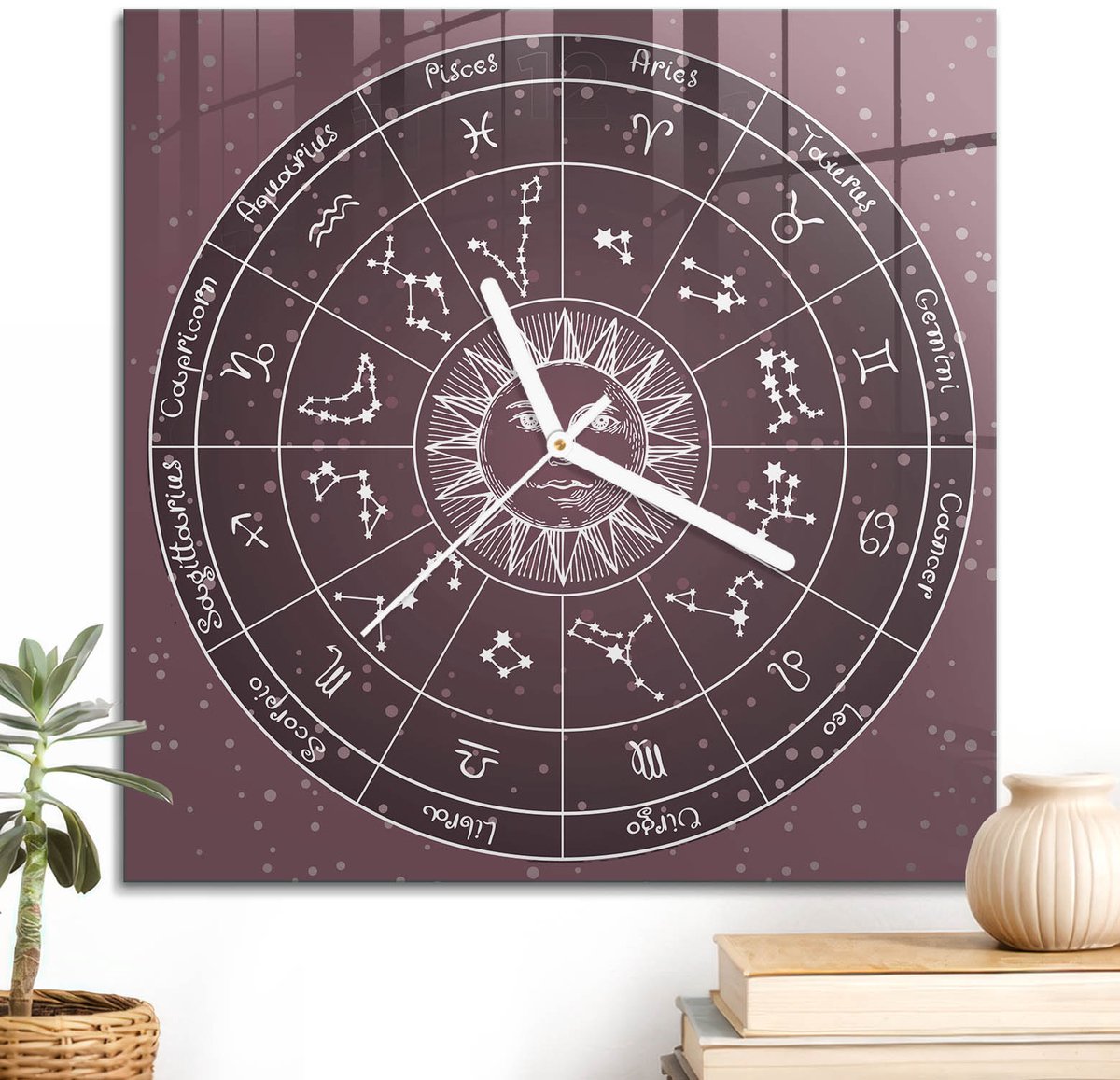 ArtPrintCave Bordeaux Glazen Klok - 30x30 cm - Wandklok Vierkant - Astrologische Cirkel Stille Wandklok - Abstractie Wandklok Keuken - Witte Klokwijzers
