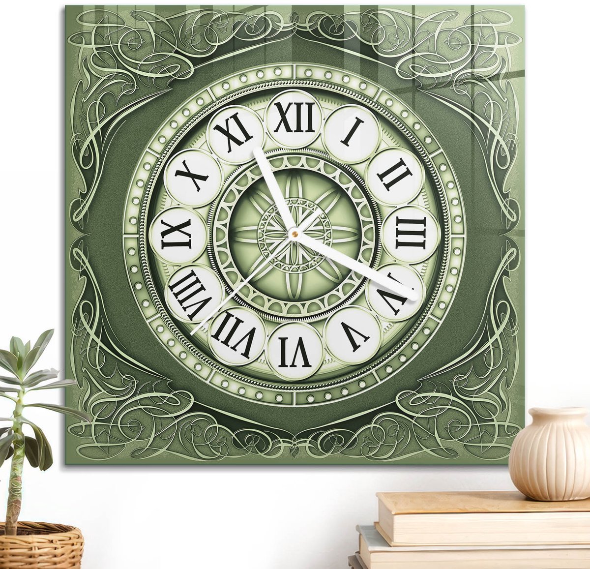 ArtPrintCave Groene Glazen Klok - 30x30 cm - Wandklok Vierkant - De Groene Tinten Van De Tijd Stille Wandklok - Geometrische Wandklok Keuken - Witte Klokwijzers