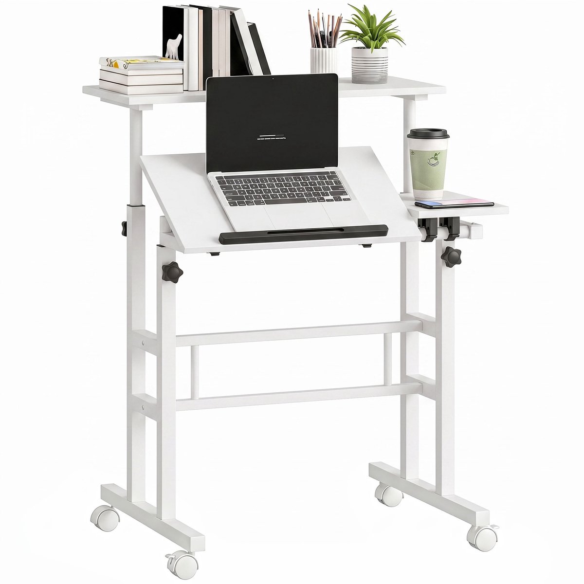 Wit zit-sta bureau - In hoogte verstelbaar bureau 70x60 - Kantelbaar blad en wielen voor thuiswerken en studeren - 70x60x120 cm - Wit