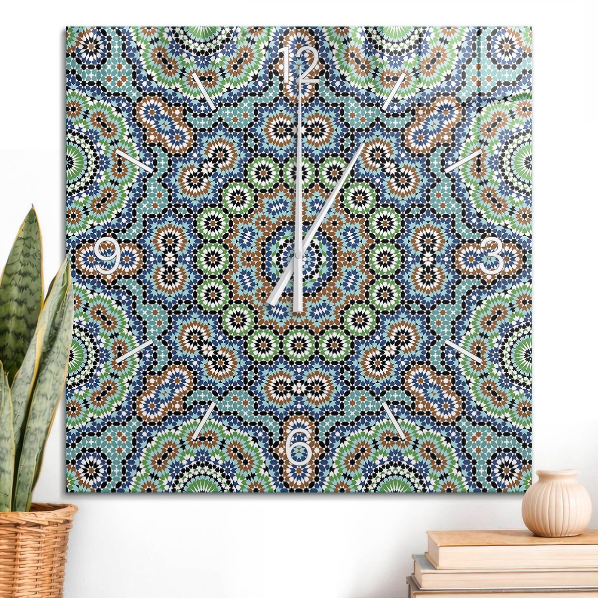 ArtPrintCave Turkoois Glazen Klok - 60x60 cm - Wandklok Vierkant - Kleurrijk Mozaïek Wandklok Keuken - Geometrie Unieke Klok - Witte Klokwijzers