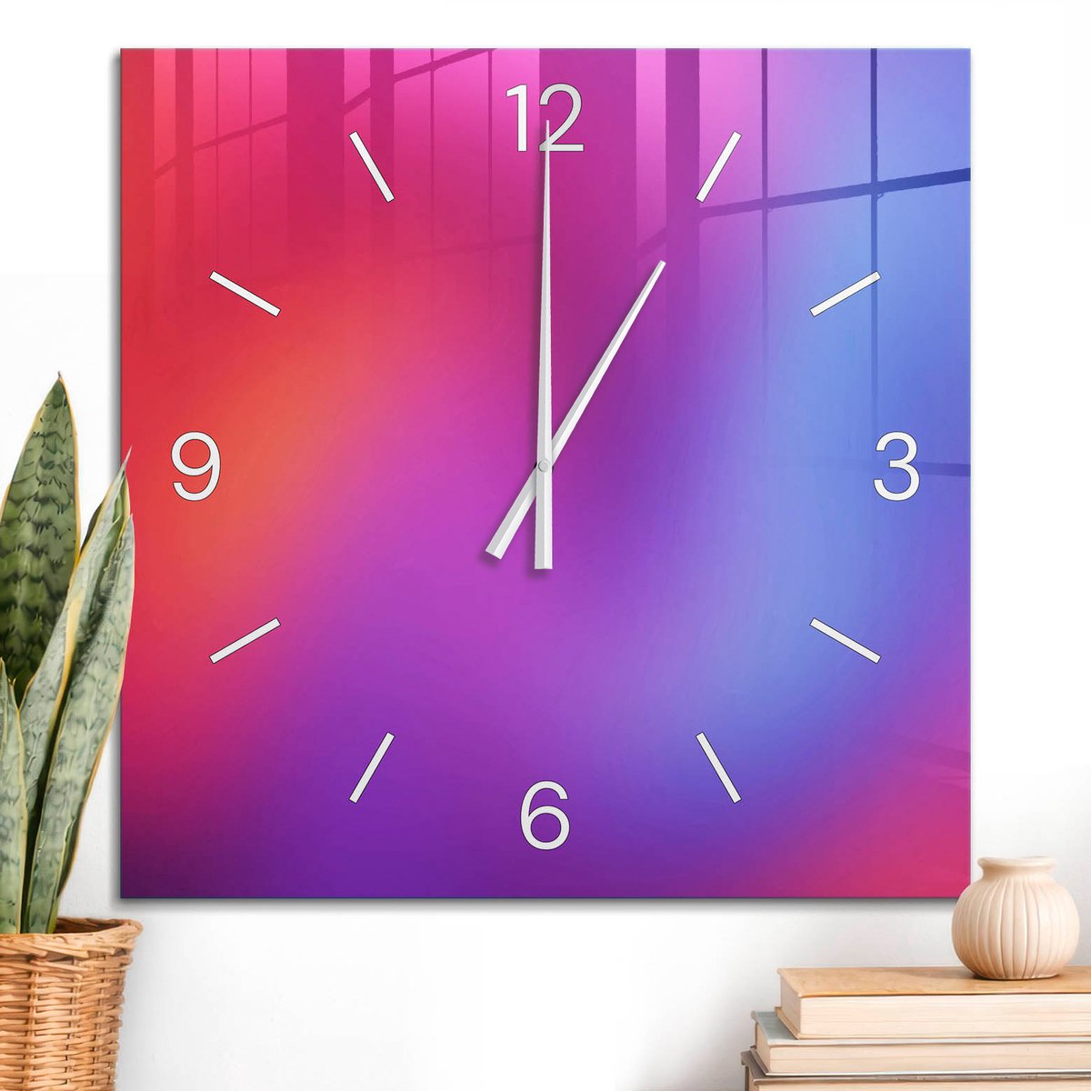 ArtPrintCave Paars Glazen Klok - 60x60 cm - Wandklok Vierkant - Kleurrijke Abstractie Wandklok Keuken - Achtergronden En Patronen Unieke Klok - Witte Klokwijzers