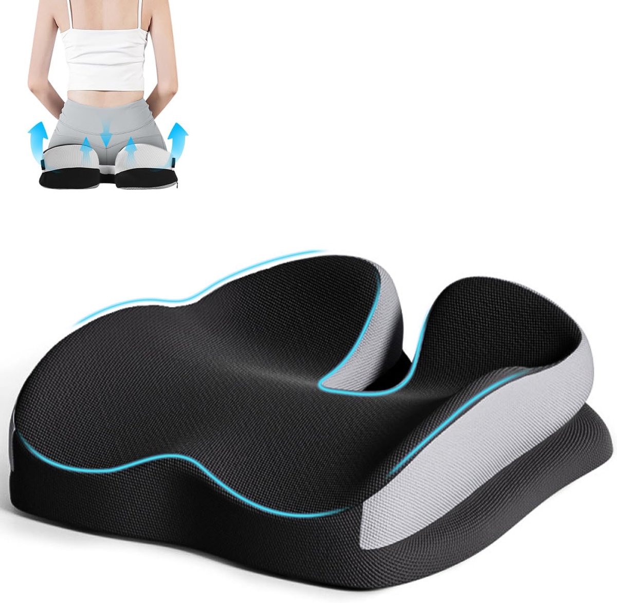 Ergonomisch zitkussen van traagschuim voor bureaustoel, stuitbeen en rug, orthopedisch kussen voor drukverlichting, geschikt voor rolstoel en auto
