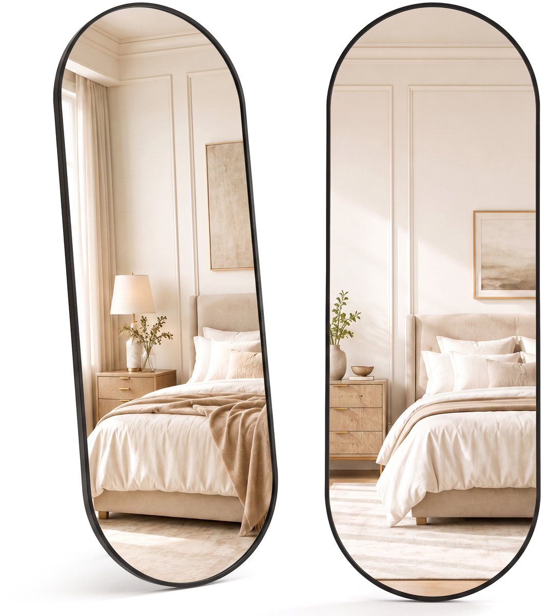 Infinity Goods Wandspiegel Ovaal - 160x50 cm - Design Spiegel - Wandmontage Spiegel - Metalen Rand - Modern - Kleedkamer Spiegel - Zwart