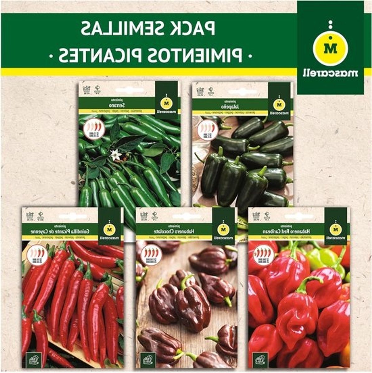Zaden Mascarell PAKKET PITTIGE PEPERS Gemakkelijk Thuis Te Kweken Bevat Jalapeño, Cayenne, Serrano, Chocolade Habanero & Rode Caribische 35 Gram