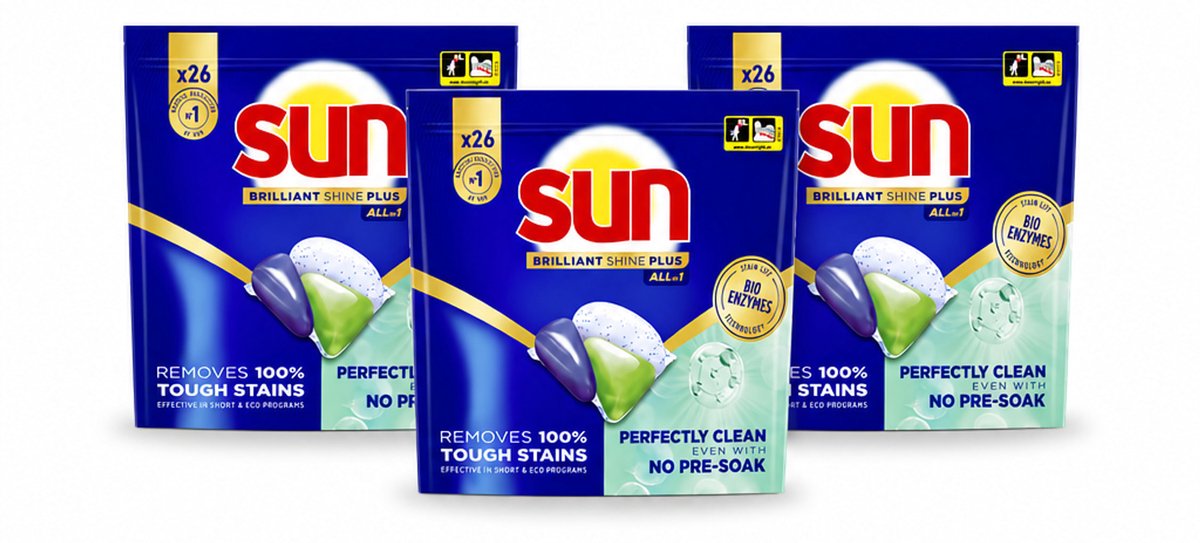3 x Sun – Vaatwascapsules – Brilliant Shine+ All-in-1 - 26 capsules - Voordeelverpakking - 3 stuks
