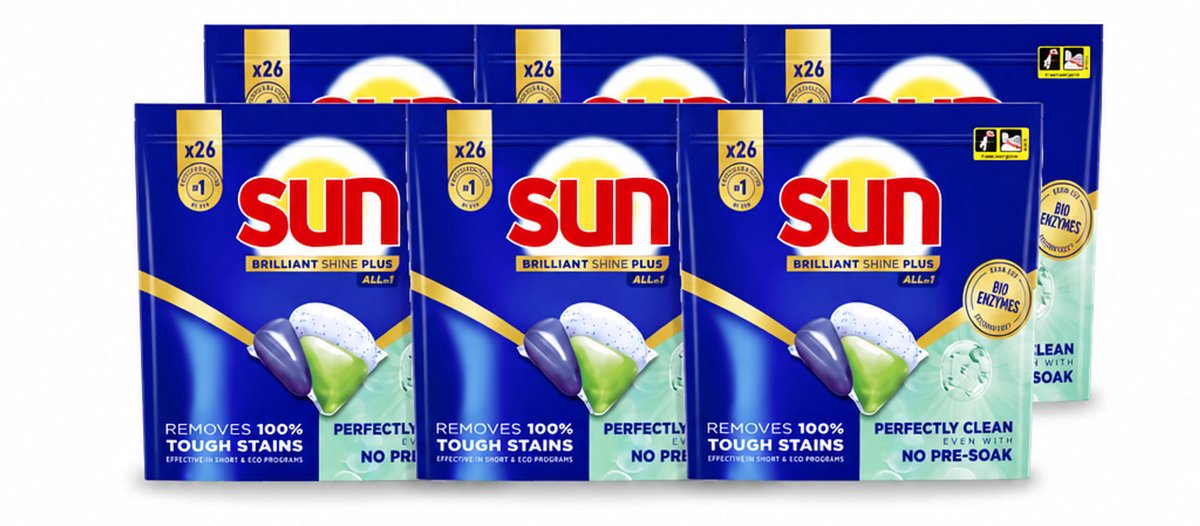 6 x Sun – Vaatwascapsules – Brilliant Shine+ All-in-1 - 26 capsules - Voordeelverpakking - 6 stuks
