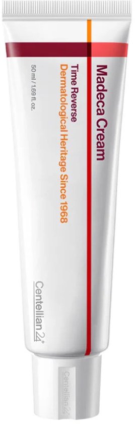 Witte tube met rode en oranje streepjes. "Madeca Cream Time Reverse Dermatological Heritage Since 1968 Centellian 24" staat erop.