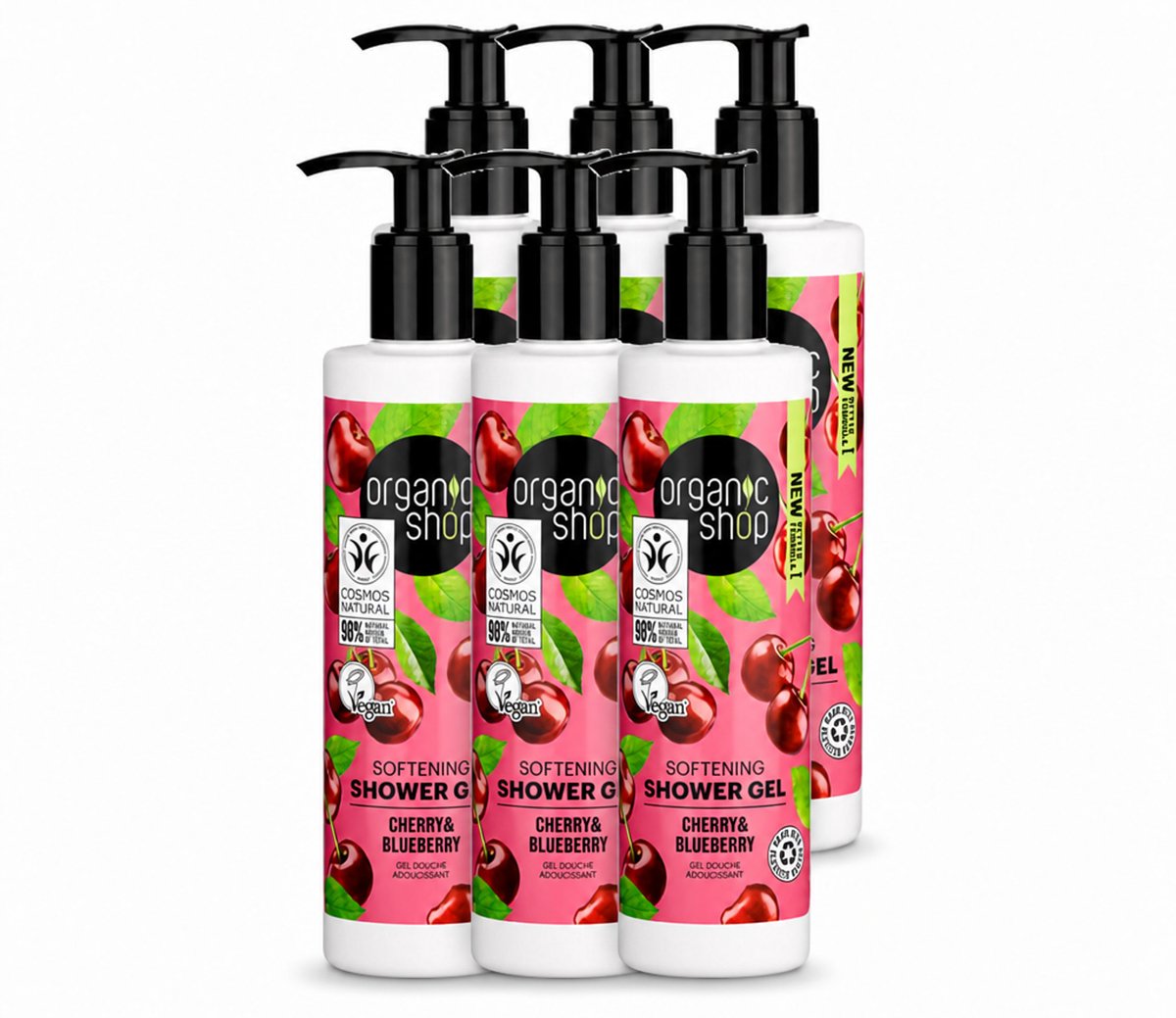6 x Organic Shop - Douchegel Cherry & Blueberry - Verfrissend en Hydraterend - 280 ml - Voordeelverpakking - 6 stuks