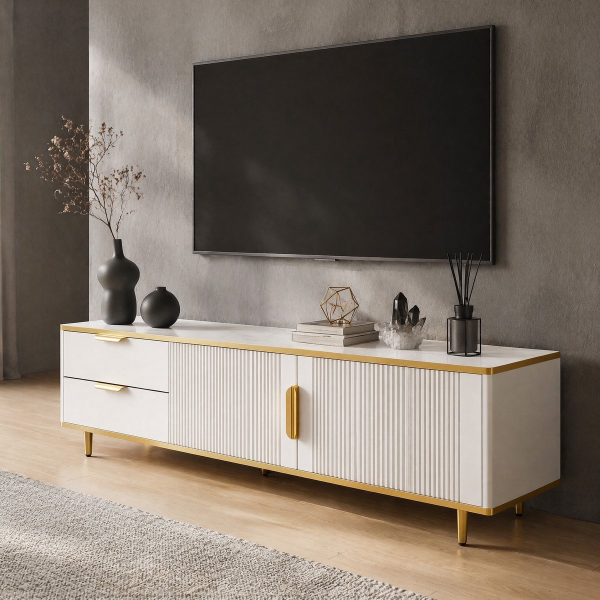 MEUNIQ TV-meubel 170 x 37 x 45 cm met 2 lades, kastdeuren en gegraveerde textuur, wit en goud, opbergkast voor woonkamer