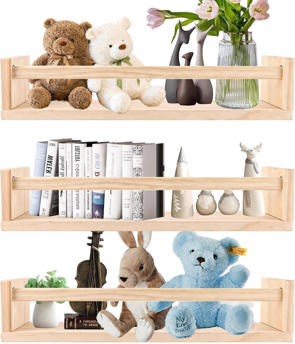 Drie Stuks Wandplank van Hout 42x10x9cm, Zwevende Plank van Natuurlijk Grenen, Opbergrek voor Slaapkamer, Keuken en Woonkamer Decoratie