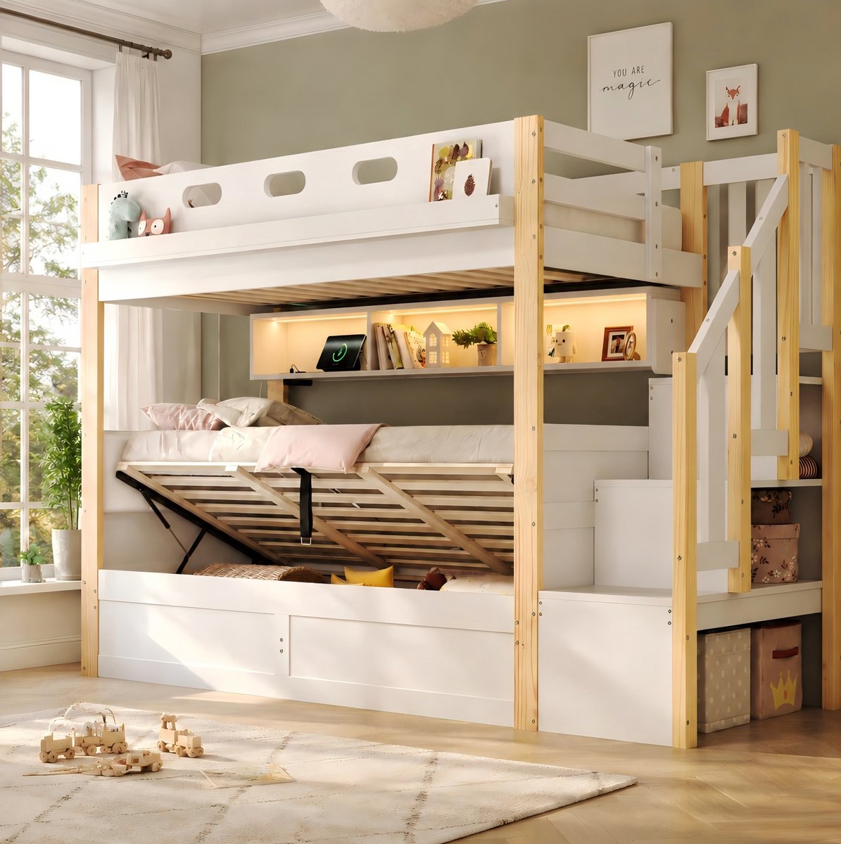MODENUIT Stapelbed – Hydraulische Opbergruimte – 90 x 200 cm en 90 x 200 cm – Hout – Wit en Naturel – Opbergladder