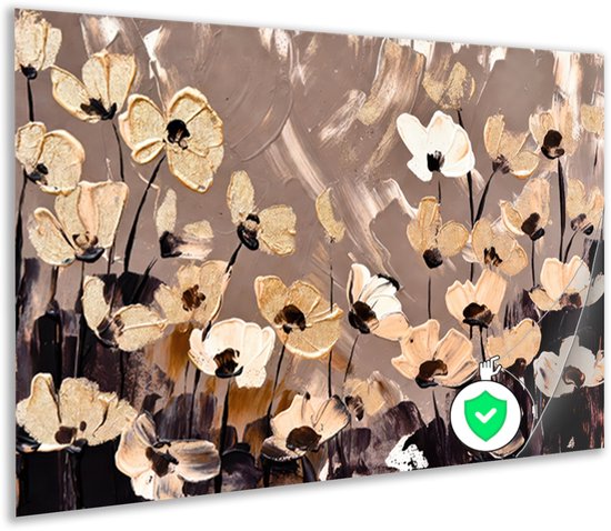 Abstracte poster met lichtbruine en witte bloemen op een taupe achtergrond, getoond met een glanzende afwerking.