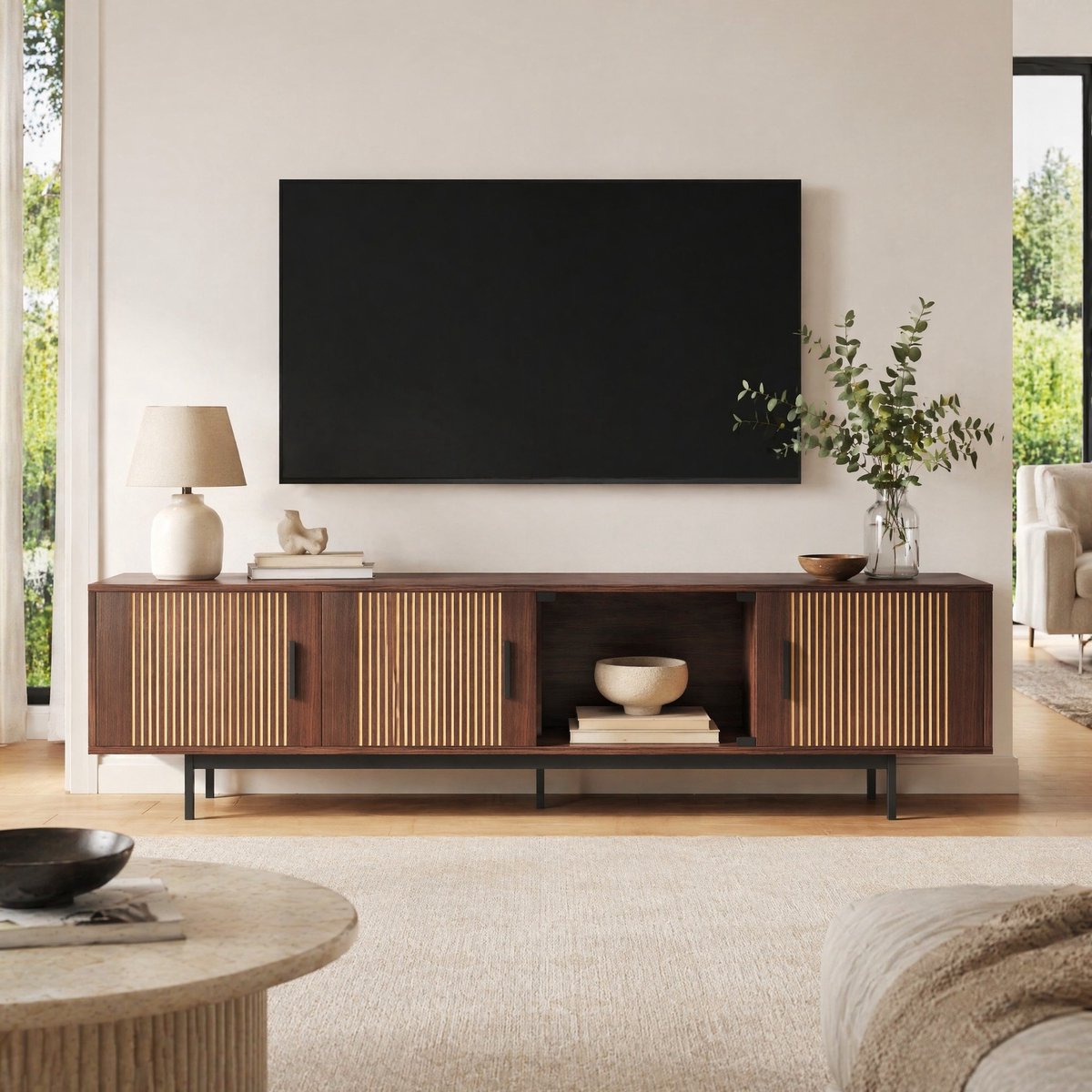 MEUNIQ TV-meubel 200 x 35 x 53 cm met LED-lichtstrip, Bluetooth- en appbediening, glazen deur en open vak, walnootbruin/zwart