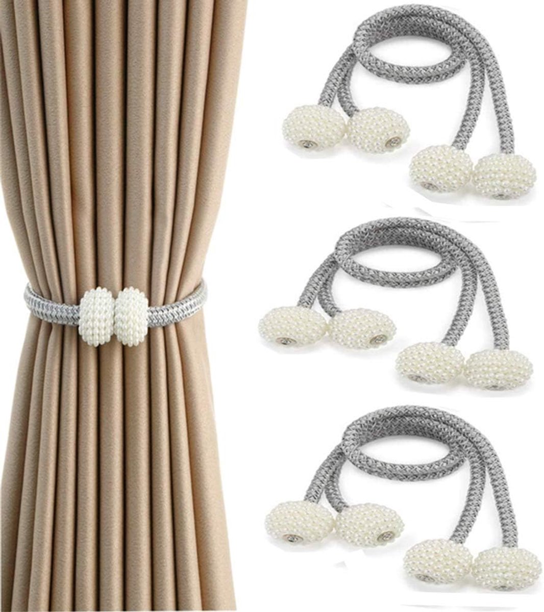 Window Curtain Tiebacks, 6 Pack Magnetic Curtain Holdbacks Small Pearl Ball Curtain Holder Buckle Clips Rope Holdbacks for Home, Office, Hotel Window Pretty and Fashion(Grey)