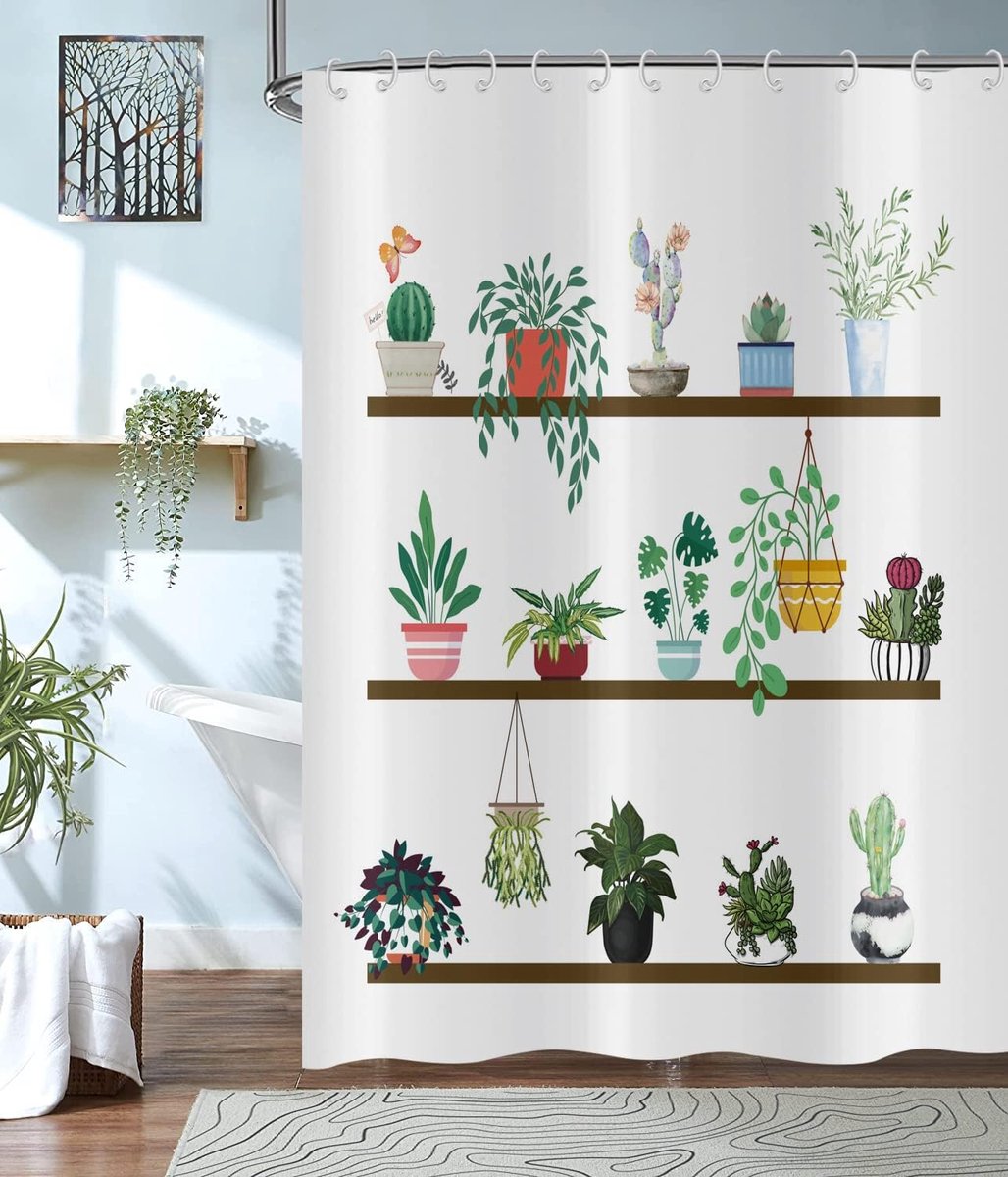 Douchegordijn 180x200, groene sappige douchegordijnen ingepot botanisch blad cactus moderne frisse witte badkamergordijnen waterdichte polyester stof wasbare badgordijnen met haken