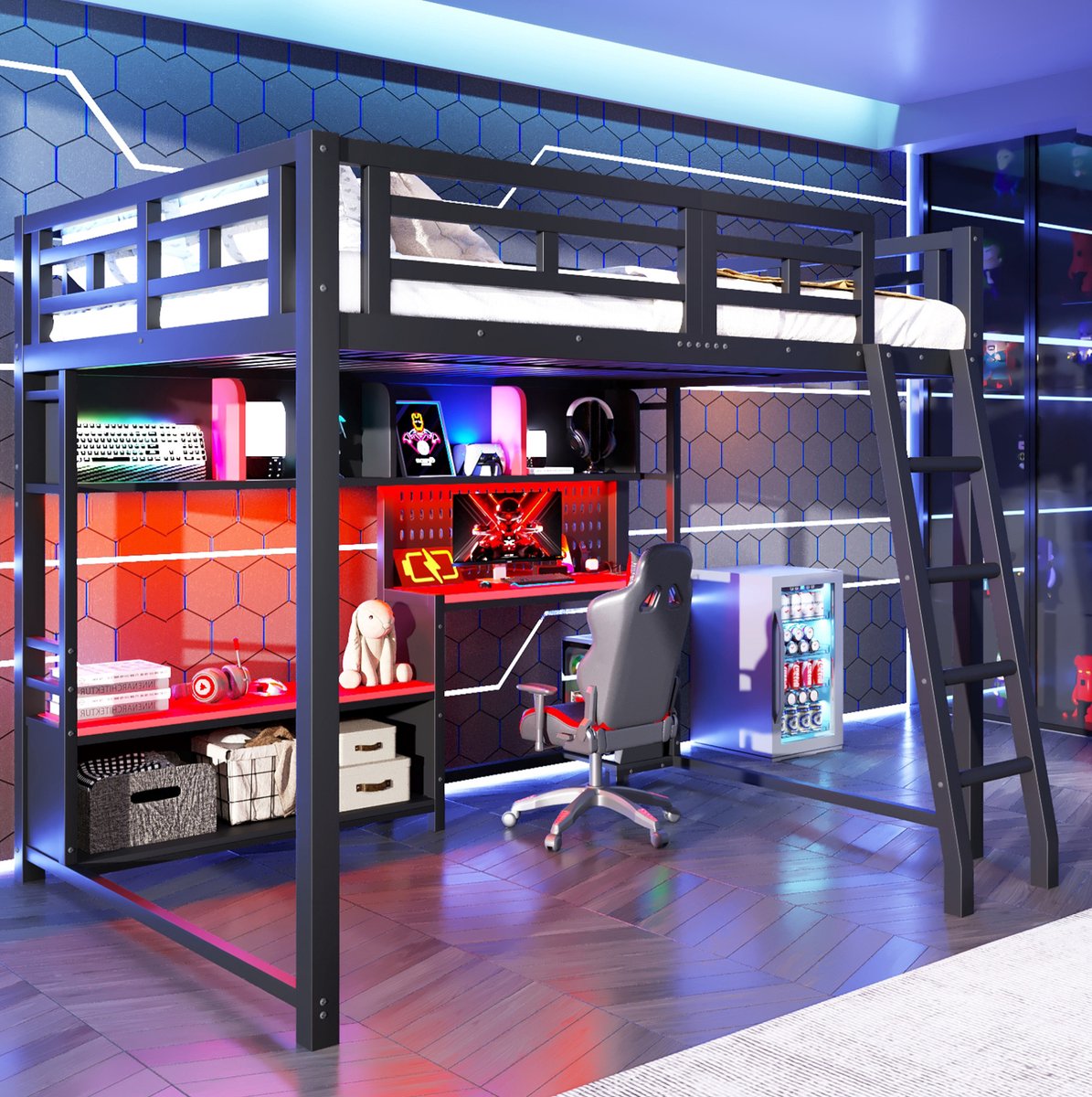 Hoogslaper met Bureau - 140 x 200 cm - Metaal en MDF - Zwart - RGB-ledverlichting - Opbergrekken - Met Trap