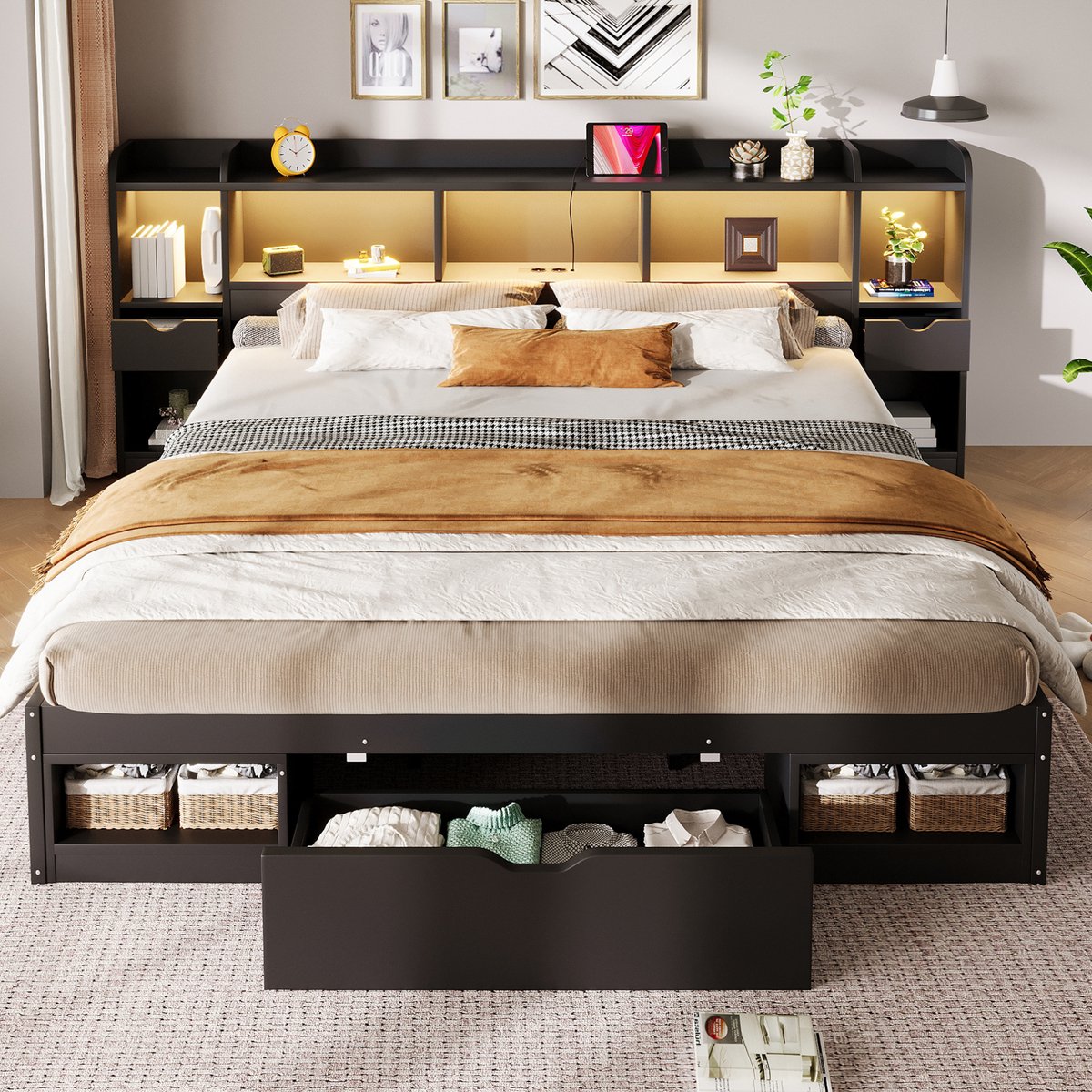 Bedframe Opbergruimte - 180 x 200 cm - MDF - Zwart - 3 Lades - LED-verlichting en USB-aansluiting - Lattenbodem