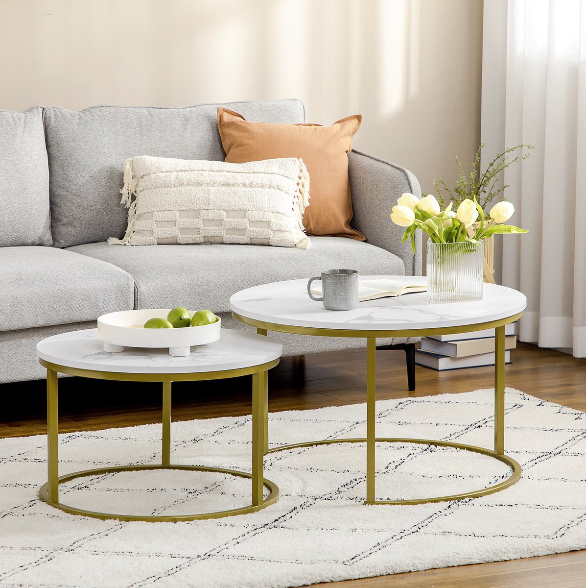 FloraGrace Salontafelset 2 Stuks Rond Stapelbaar Met Witte Marmerlook En Goudkleurig Stalen Onderstel Voor Woonkamer 74 x 74 x 46,3 cm