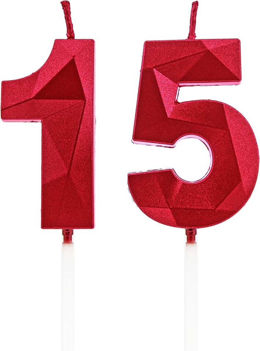 Kaarsen voor 15e verjaardag, kaarsen met rood cijfer, verjaardagsdecoratie, Happy Birthday-taarttoppers, voor verjaardagsfeesten, bruiloften, bedrijfsverjaardagen (rood, 15)
