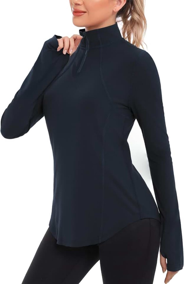 Sportshirt voor dames, lange mouwen, 1/4 ritssluiting, functioneel shirt, sportshirt, UPF 50+ T-shirt, lange mouwen met duimgat, licht, ademend, loopshirt