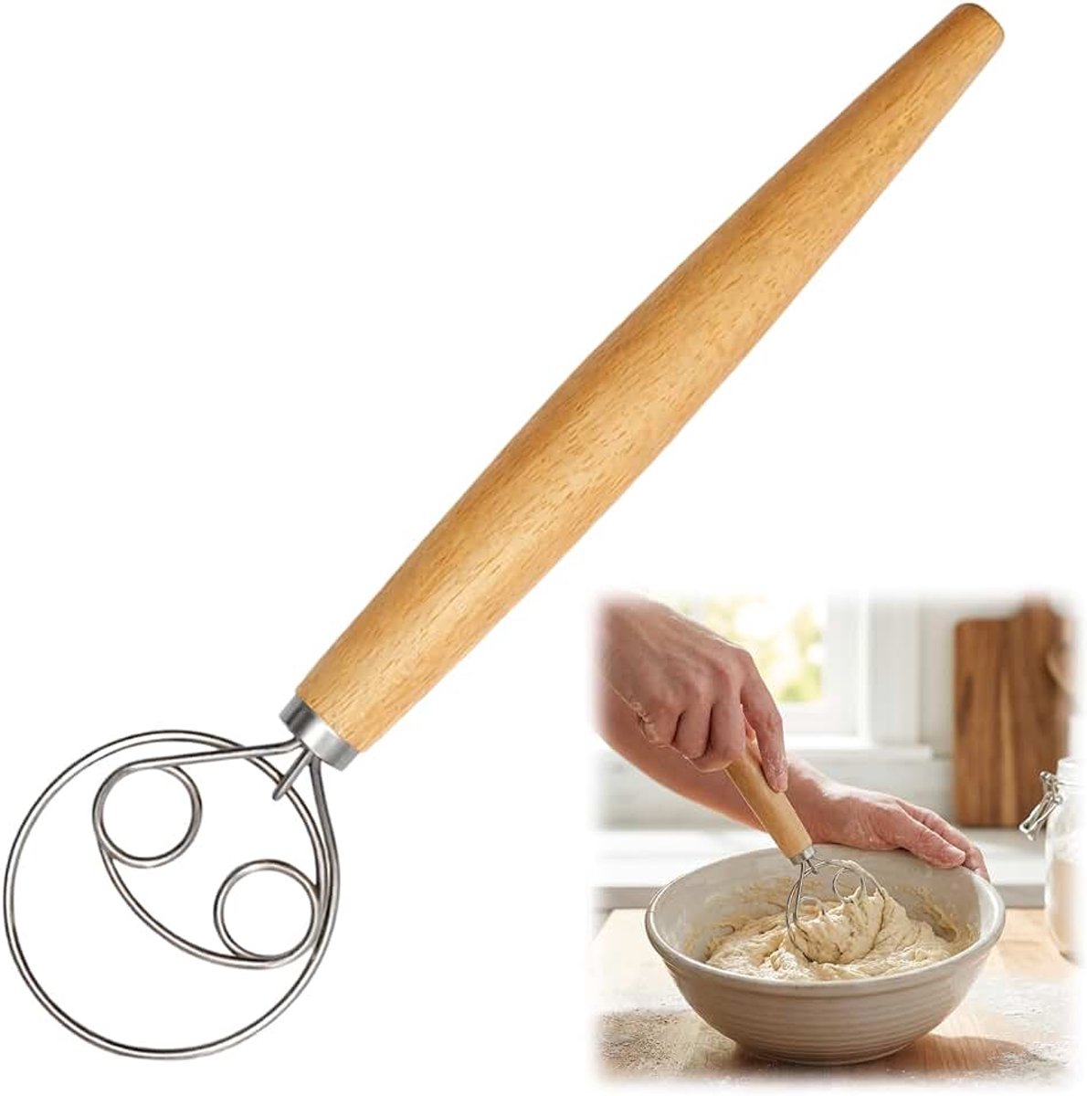 Garde voor keuken, lang, Double Spire, garde van roestvrij staal 304, garde voor bakken, cake en brooddeeg, professionele mix zonder elektriciteit voor familiebakken