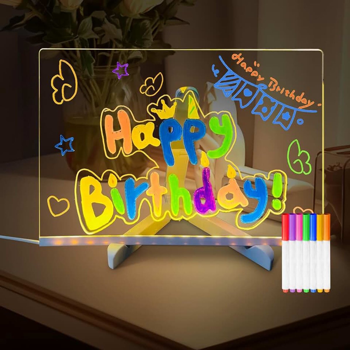 30 x 20 cm transparant lichtgevende berichtenbord: led-notitiebord met kleuren, afwisbaar acryl schrijfbord met 7 pennen, verstelbare standaard, notitiebord voor kantoor, slaapkamer, school