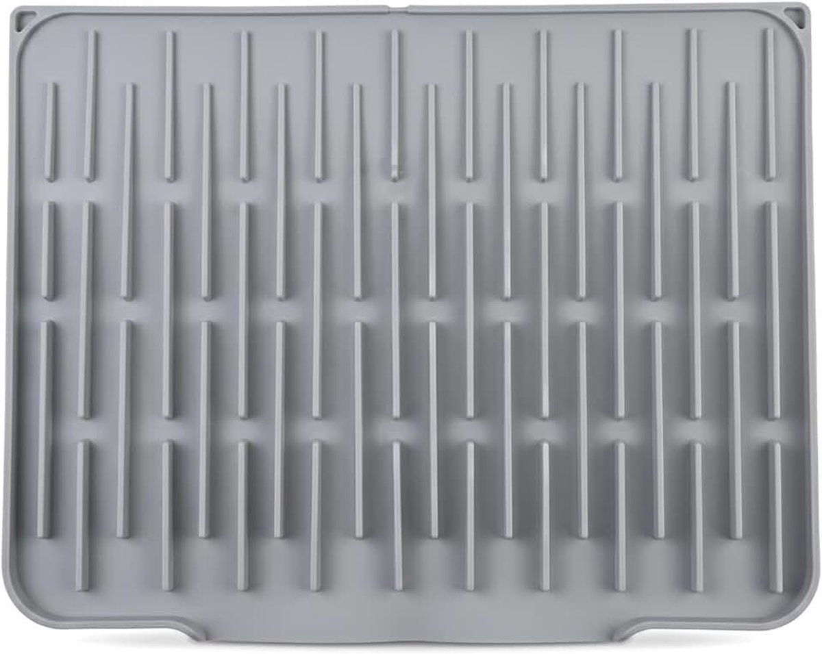 Siliconen afdruipmat voor servies, keuken en badkamer, hittebestendig en met afvoer voor wasbak, op maat snijbaar, grijs, voor glazen en schoonmaakgerei, 40x31,5 cm