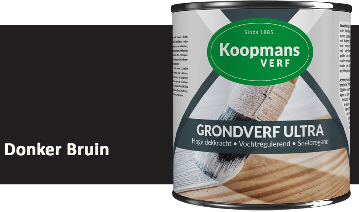 Koopmans Grondverf Ultra – Grondverf Hout & Metaal Binnen en Buiten – Vochtregulerende Primer – Hoge Dekking – Zijdeglans – Donker Bruin – 750 ml