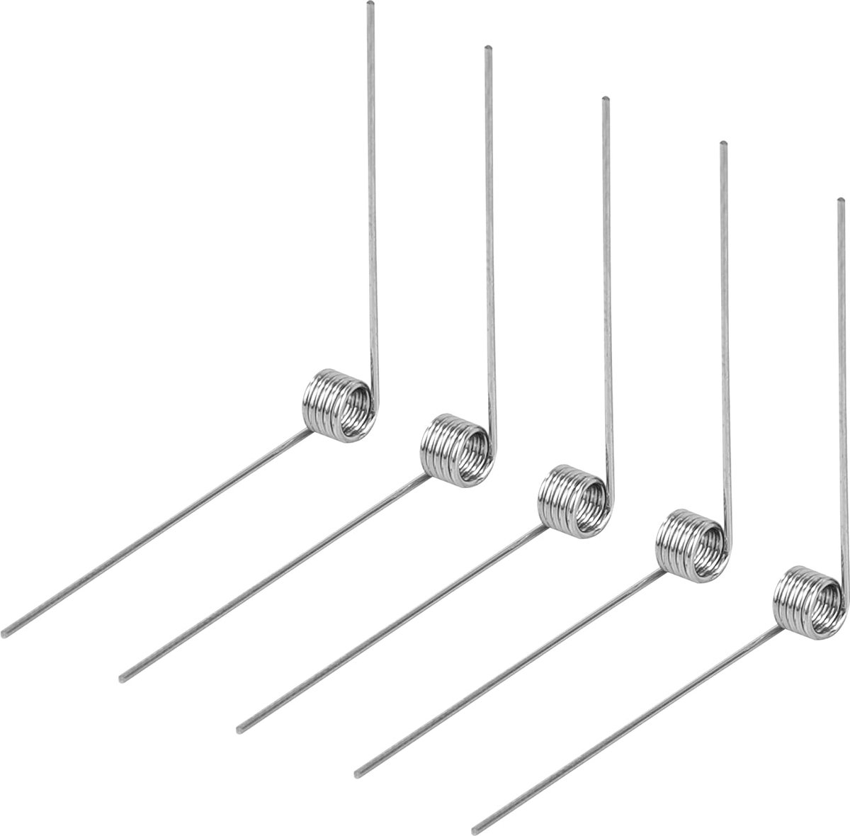 Torsieveren van roestvrij staal, draaddiameter 0,4 mm, binnendiameter 2 mm, armlengte 20 mm, hoek 90 graden, 5 omwentelingen rechtsdraaiend 0,4 x 2 x 20 mm