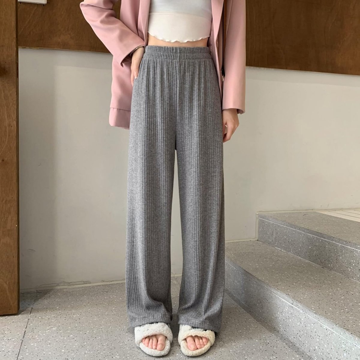 Gebreide Broek Met Wijde Pijpen - Winter Dames Warme Rechte Broek Dik Modieus Streep Grijs Retro Hoge Taille Losse Dweilbroek Dames Kerst Nieuwjaar Geschenk,Grey,Xs