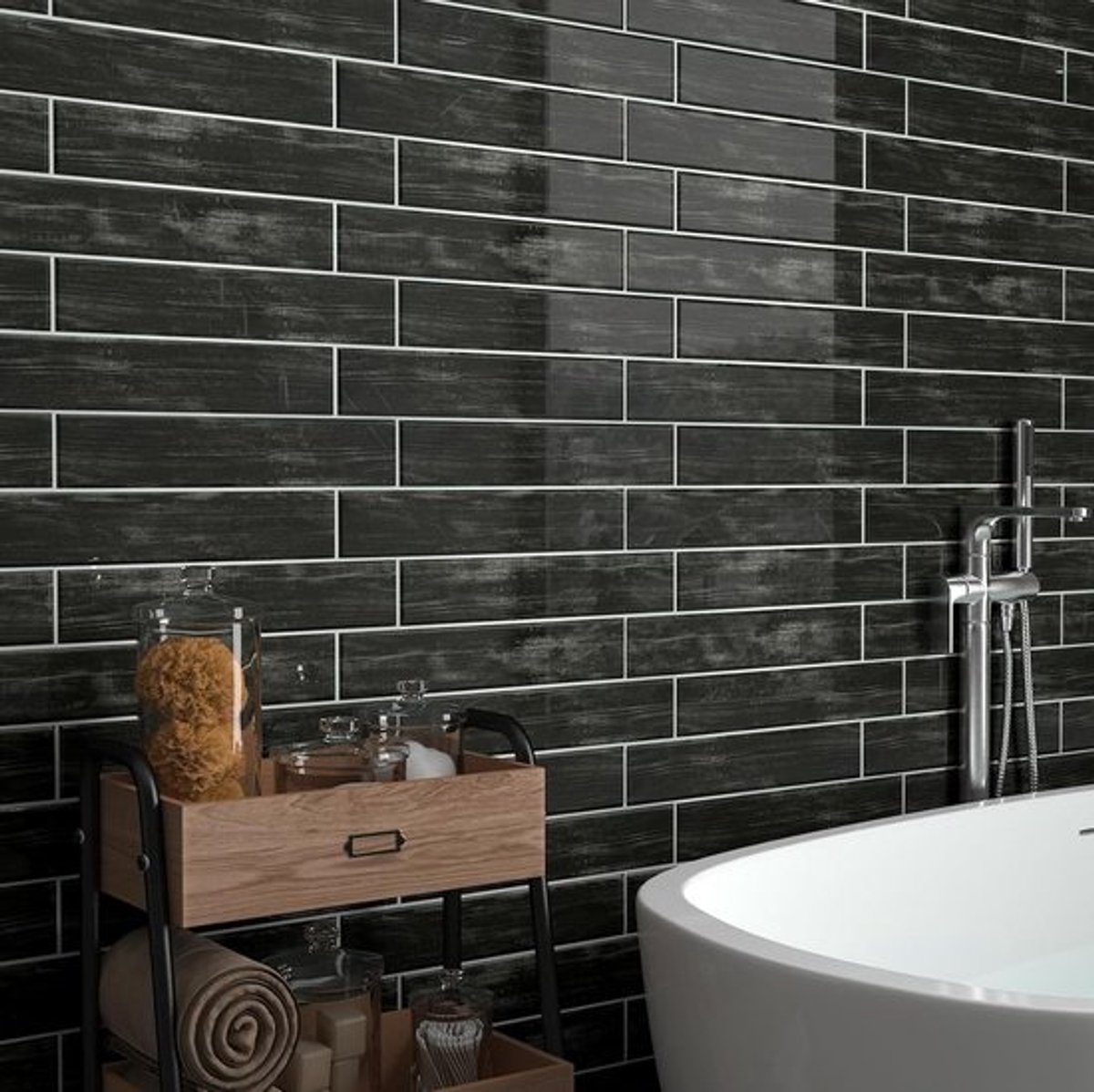 Zelfklevende 3D Tegels voor Badkamer en Keuken - Houtlook, Zwart, Antraciet, 30.5x30.5CM, 32 Stuks, Muurdecoratie, Tegelstickers, Wandbekleding